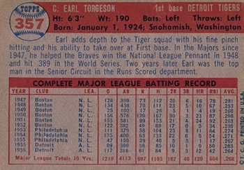 1957 Topps #357 Earl Torgeson Back