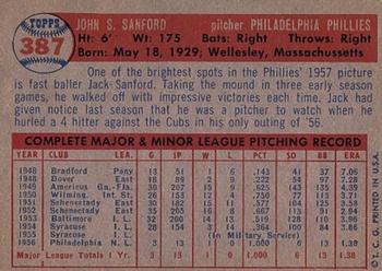 1957 Topps #387 Jack Sanford Back