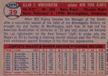 1957 Topps #39 Al Worthington Back