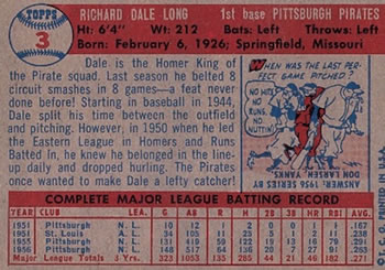 1957 Topps #3 Dale Long Back