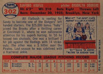 1957 Topps #302 Sandy Koufax Back