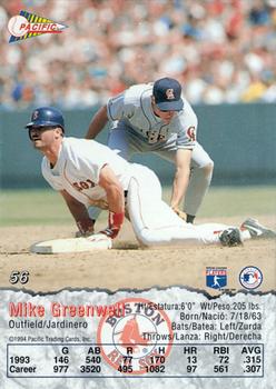 1994 Pacific #56 Mike Greenwell Back