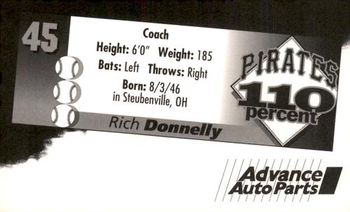 1996 Advance Auto Parts Pittsburgh Pirates #NNO Rich Donnelly Back