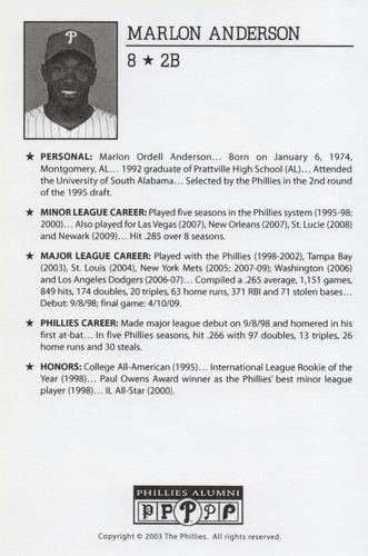 2010-22 Philadelphia Phillies Alumni Photo Cards #NNO Marlon Anderson Back