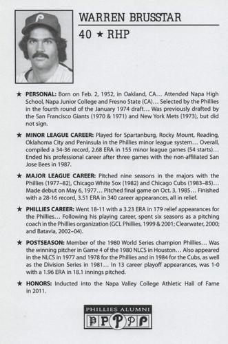 2010-22 Philadelphia Phillies Alumni Photo Cards #NNO Warren Brusstar Back