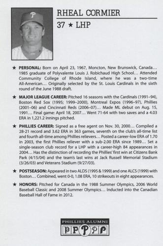 2010-22 Philadelphia Phillies Alumni Photo Cards #NNO Rheal Cormier Back
