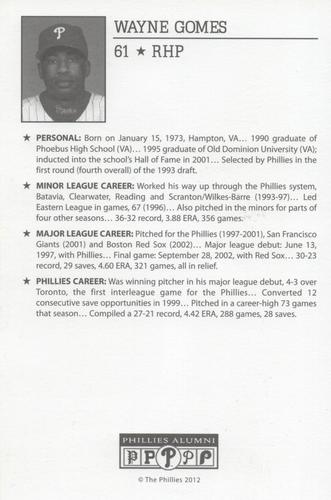2010-22 Philadelphia Phillies Alumni Photo Cards #NNO Wayne Gomes Back