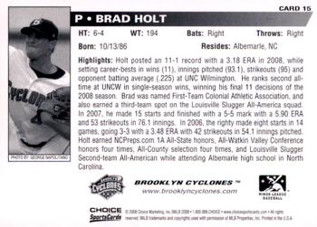 2008 Choice Brooklyn Cyclones #15 Brad Holt Back