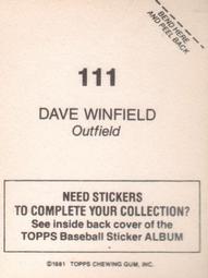 1981 Topps Stickers #111 Dave Winfield Back