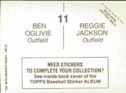 1981 Topps Stickers #11 Reggie Jackson / Ben Oglivie Back