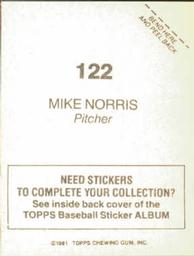 1981 Topps Stickers #122 Mike Norris Back