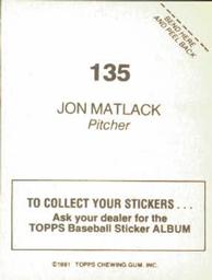 1981 Topps Stickers #135 Jon Matlack Back