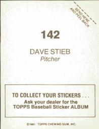 1981 Topps Stickers #142 Dave Stieb Back
