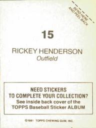 1981 Topps Stickers #15 Rickey Henderson Back