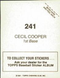1981 Topps Stickers #241 Cecil Cooper Back