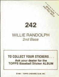 1981 Topps Stickers #242 Willie Randolph Back