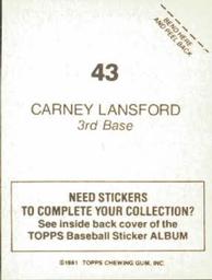 1981 Topps Stickers #43 Carney Lansford Back