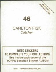 1981 Topps Stickers #46 Carlton Fisk Back