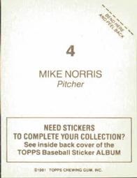 1981 Topps Stickers #4 Mike Norris Back