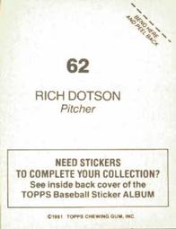 1981 Topps Stickers #62 Rich Dotson Back
