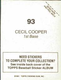 1981 Topps Stickers #93 Cecil Cooper Back