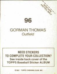 1981 Topps Stickers #96 Gorman Thomas Back
