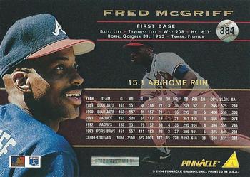 1994 Pinnacle #384 Fred McGriff Back