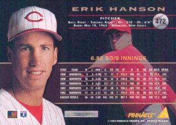 1994 Pinnacle #472 Erik Hanson Back