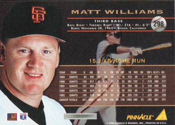 1994 Pinnacle #298 Matt Williams Back