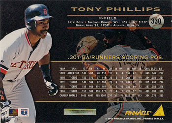 1994 Pinnacle #330 Tony Phillips Back