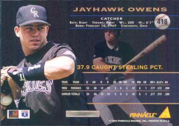 1994 Pinnacle #418 Jayhawk Owens Back