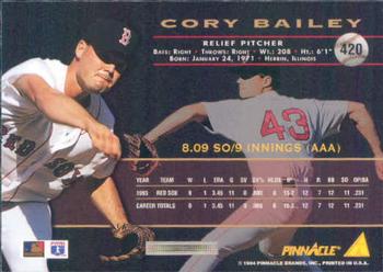 1994 Pinnacle #420 Cory Bailey Back