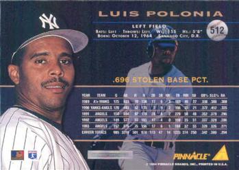 1994 Pinnacle #512 Luis Polonia Back