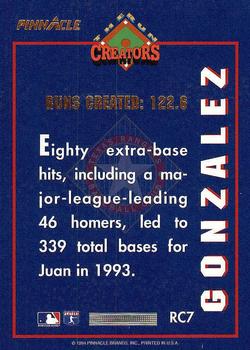 1994 Pinnacle - Run Creators #RC7 Juan Gonzalez Back