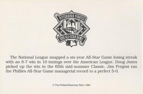 1994 Philadelphia Phillies Photocards Update #NNO 1994 Phillies All-Stars Back