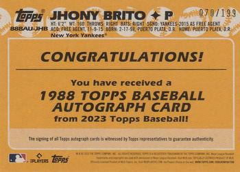 2023 Topps Update - 1988 Topps Baseball 35th Anniversary Autographs Black #88BAU-JHB Jhony Brito Back