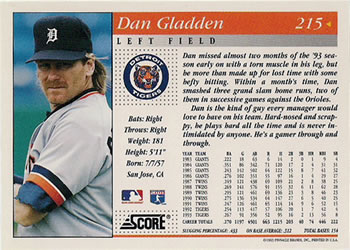 1994 Score #215 Dan Gladden Back