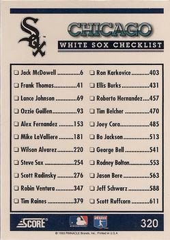 1994 Score #320 Chicago White Sox Back