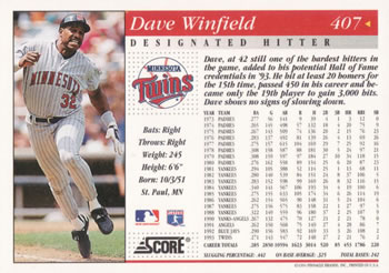 1994 Score #407 Dave Winfield Back