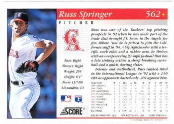 1994 Score #562 Russ Springer Back