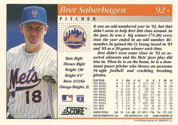 1994 Score #92 Bret Saberhagen Back