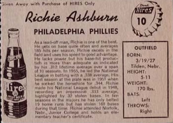 1958 Hires Root Beer #10 Richie Ashburn Back