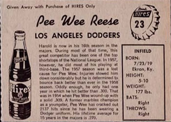 1958 Hires Root Beer #23 Pee Wee Reese Back