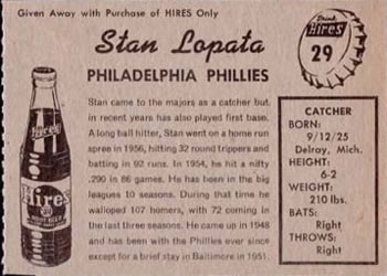 1958 Hires Root Beer #29 Stan Lopata Back
