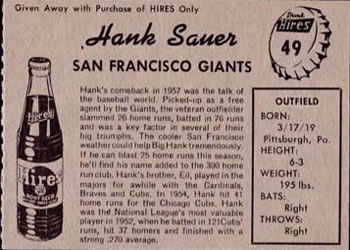 1958 Hires Root Beer #49 Hank Sauer Back
