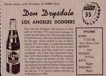 1958 Hires Root Beer #55 Don Drysdale Back