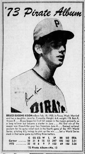 1973 Pittsburgh Post-Gazette Pittsburgh Pirates #13 Bruce Kison Front