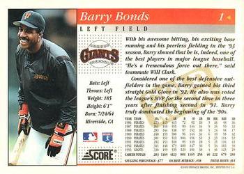 1994 Score - Gold Rush #1 Barry Bonds Back