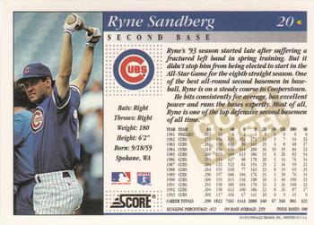 1994 Score - Gold Rush #20 Ryne Sandberg Back
