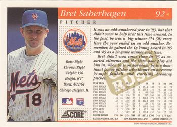 1994 Score - Gold Rush #92 Bret Saberhagen Back